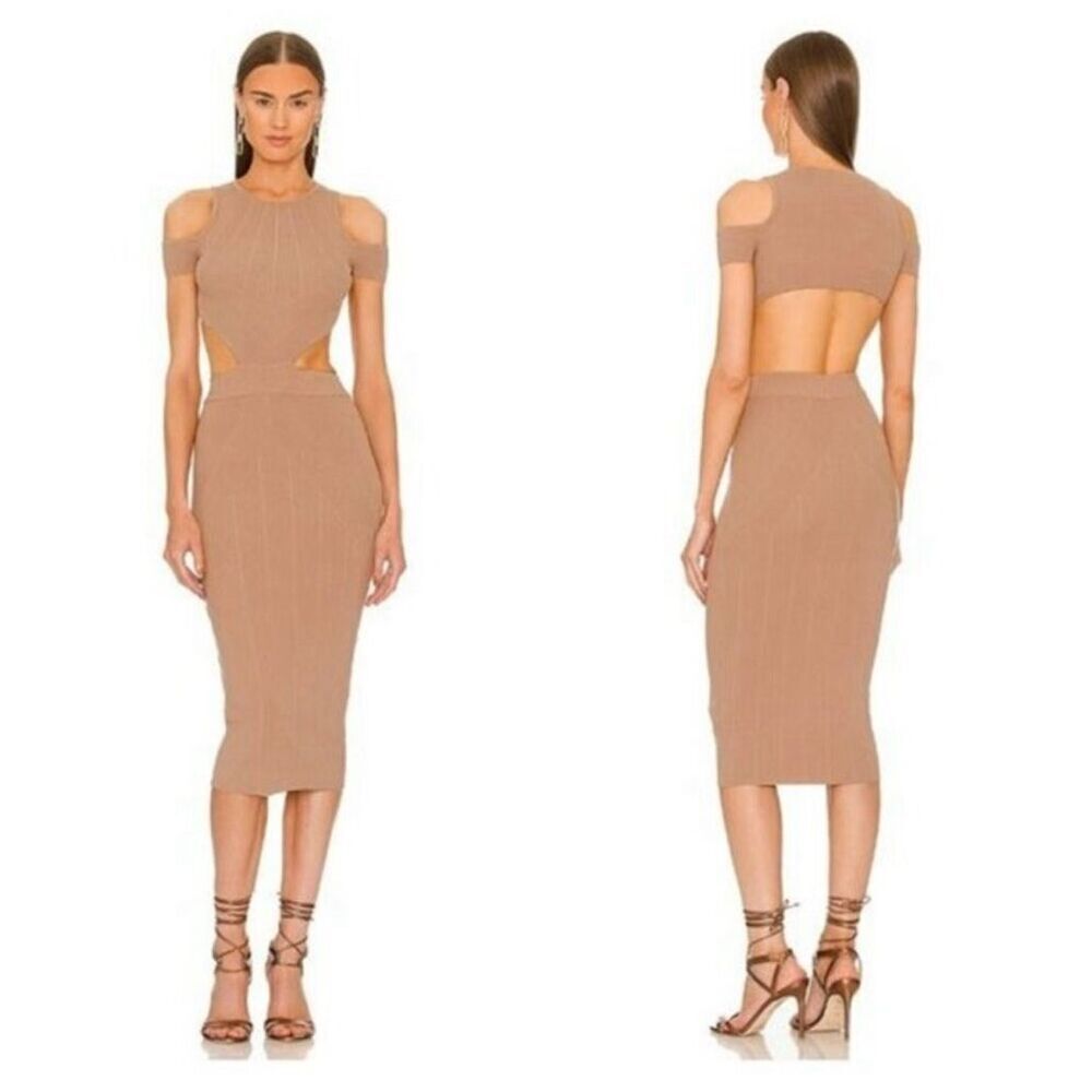 MICHAEL COSTELLO Tovia Cut Out Midi Dress in Mocha Bodycon Stretch Neutral XS
